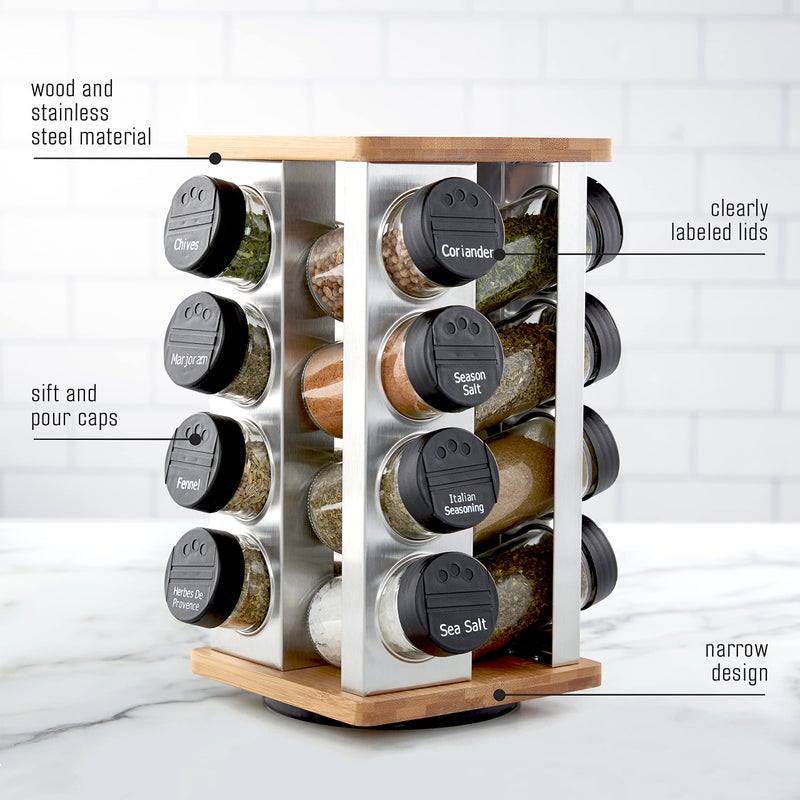 Kamenstein 16 Jar Warner Revolving Countertop Spice Rack Organizer with Lift & Pour Caps and Spices Included, FREE Spice Refills for 5 years, Stainless Steel & Bamboo with Black Caps - Image 4